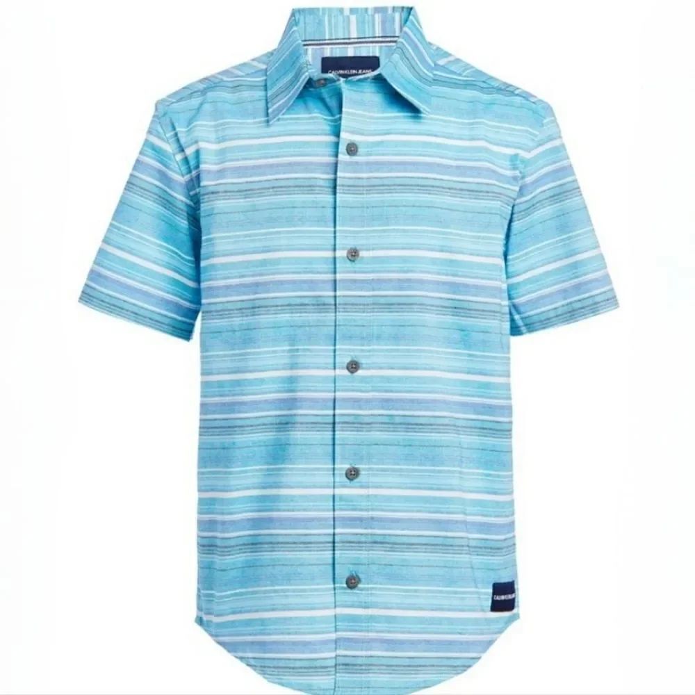 Calvin Klein Jeans Boy's Blue Stripe Oxford Short Sleeve Button-Down Shirt